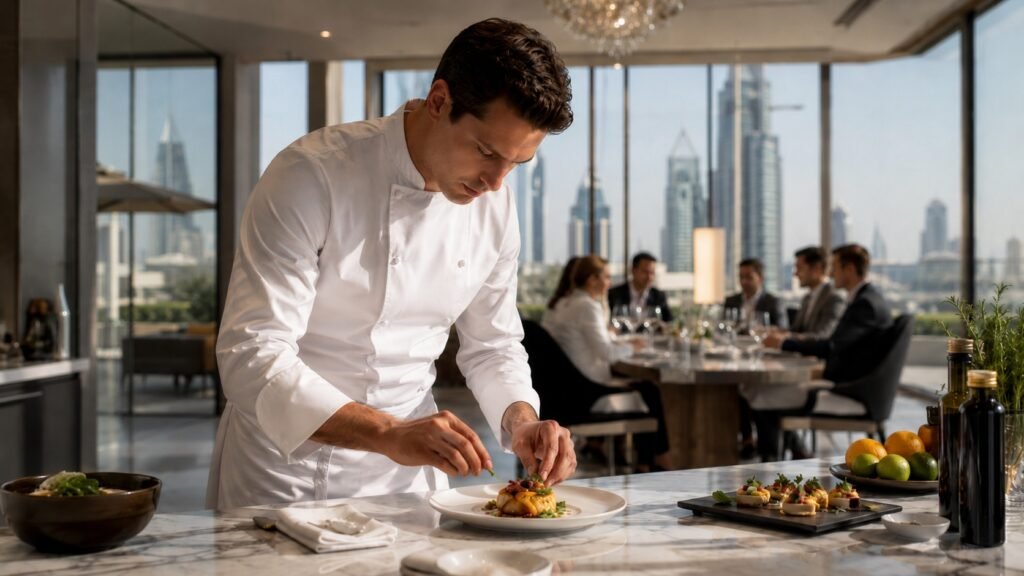 Private chef preparing fine dining in a UAE villa for HNW guests