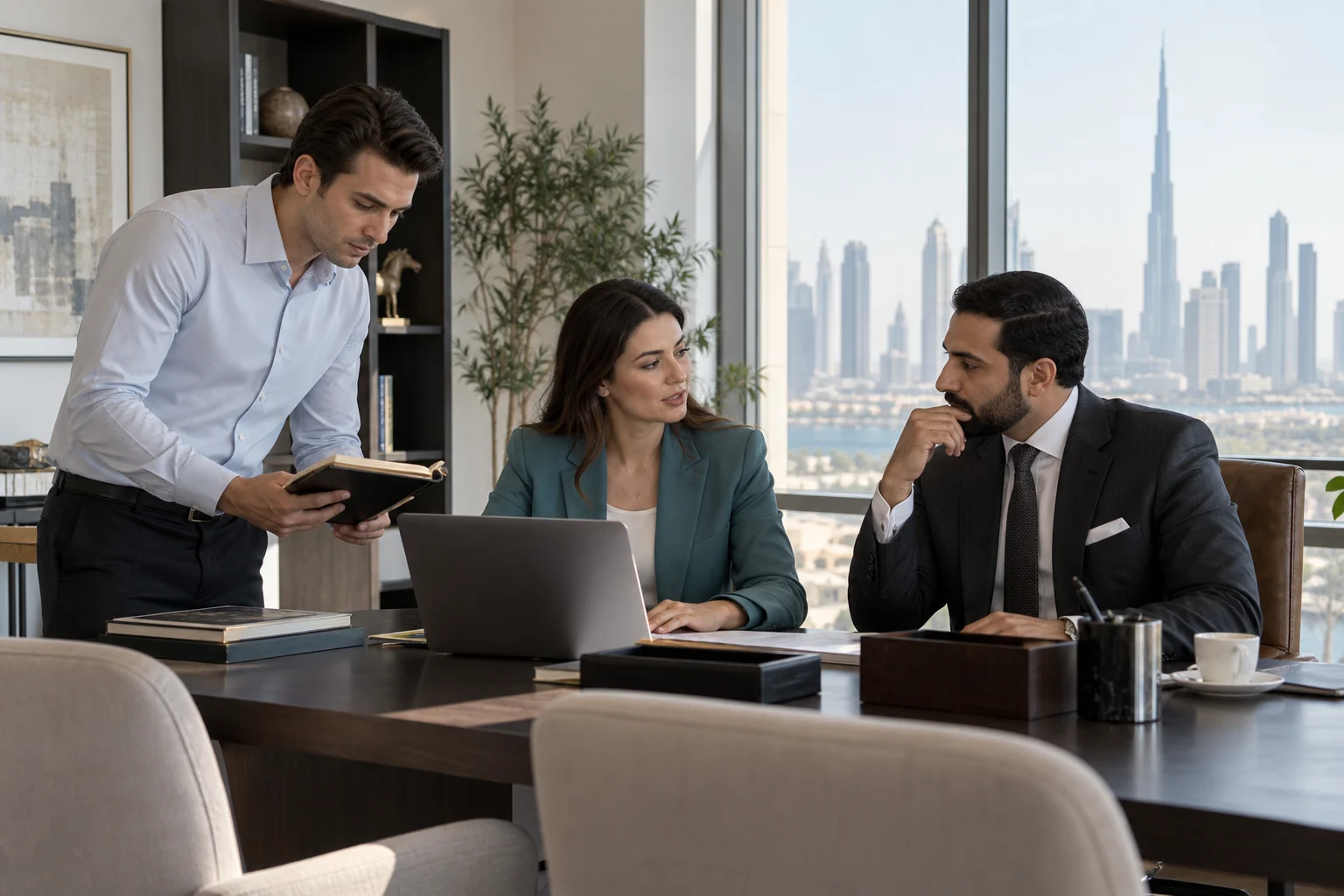 Executive and personal assistants discussing plans with a client in a Dubai office